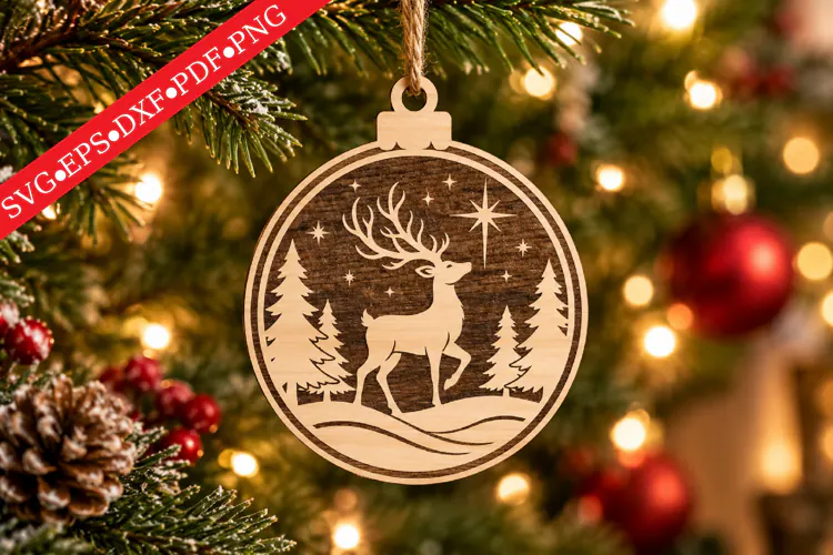 Wooden Reindeer Ornament in Christmas Bokeh SVG