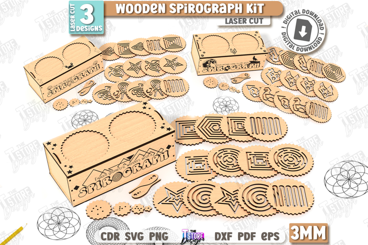 Wooden Spirograph Kit Laser Cut Bundle, Kids Spirograph SVG