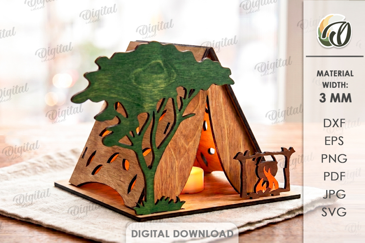 Camping Tent Night Light Laser Cut. Tea Light Holder SVG