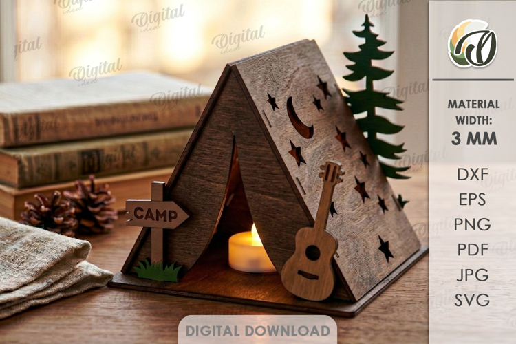 Camping Tent Night Light Laser Cut. Tea Light Holder SVG