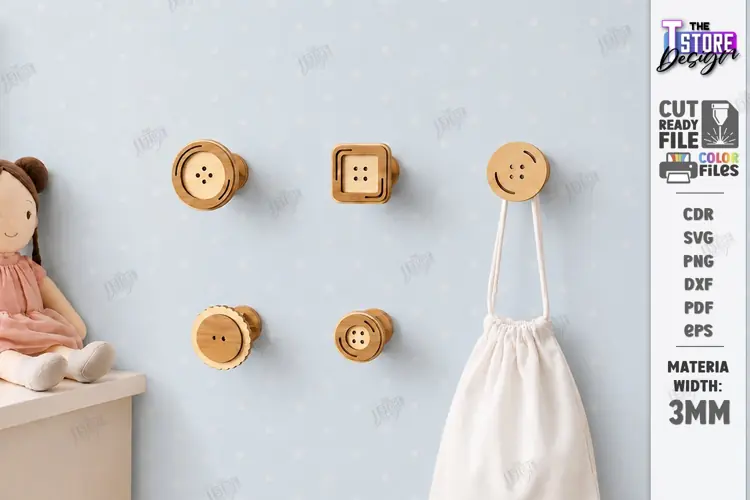 Wooden Wall Hooks Laser Cut | Plywood Buttons Wall Hook SVG
