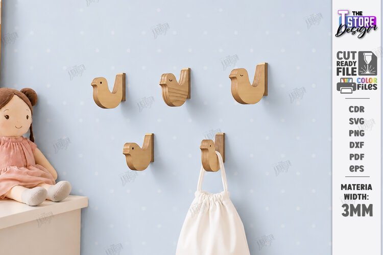 Wooden Wall Hooks Laser Cut | Plywood Birds Wall Hook SVG example image 1