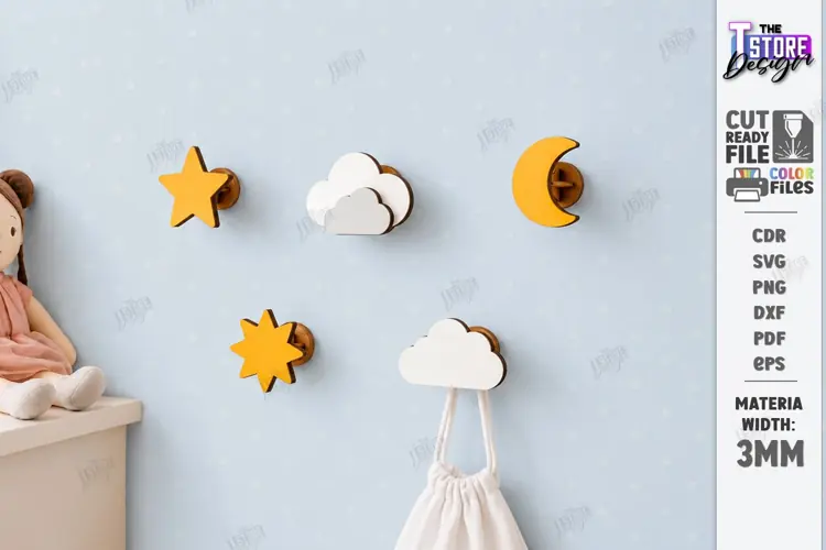 Wall Hooks Laser Cut | Plywood Moon Stars Clouds Wall Hook
