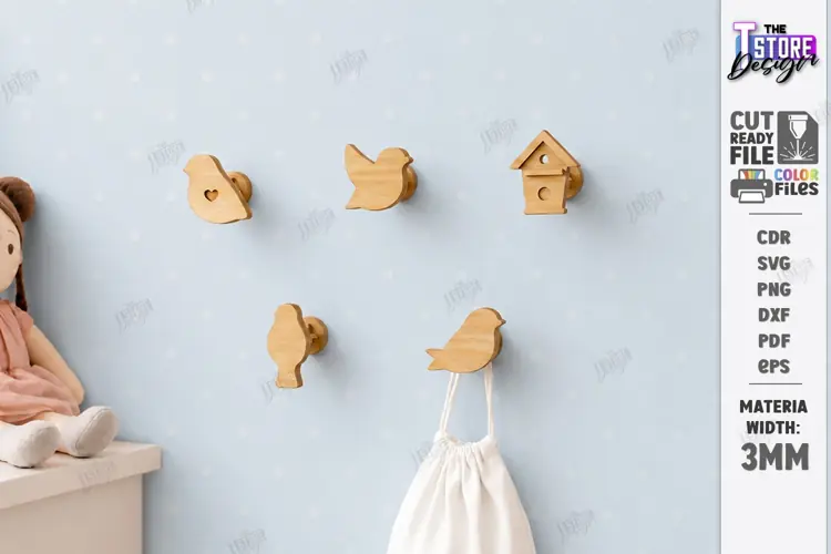 Wooden Wall Hooks Laser Cut | Plywood Birds Wall Hook SVG