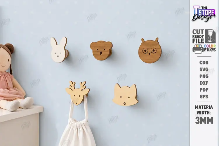 Wooden Wall Hooks Laser Cut | Plywood Animals Wall Hook SVG