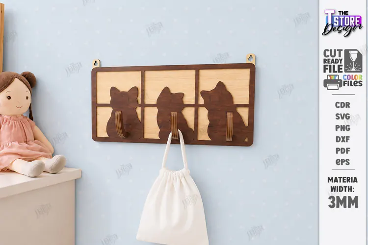 Wooden Wall Hooks Laser Cut | Plywood Cats Wall Hook SVG