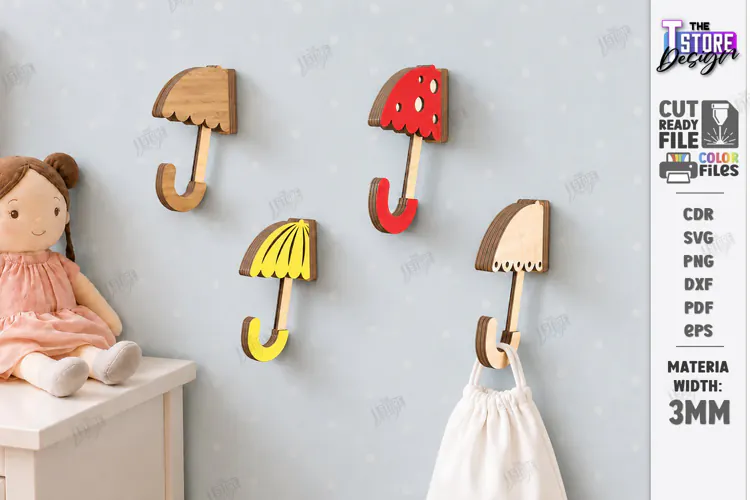 Wooden Wall Hooks Laser Cut | Plywood Umbrellas Wall Hook