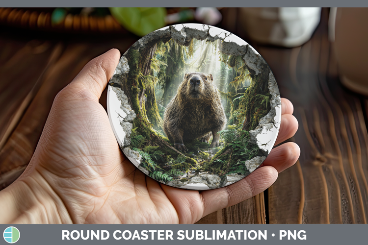 Beaver Woodland 3D Hole Round Coaster Sublimation Design