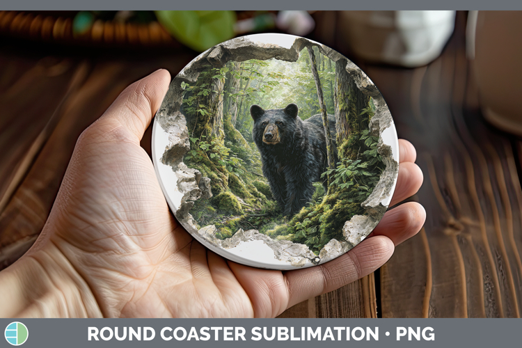 Black Bear Woodland 3D Hole Round Coaster Sublimation Design