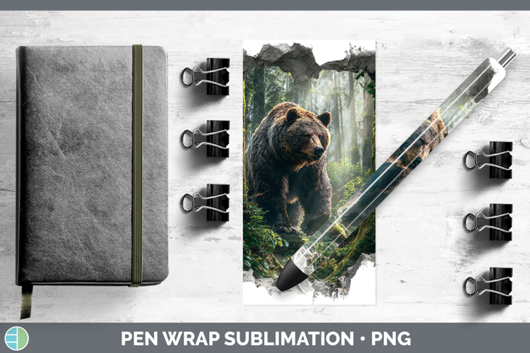 Grizzly Bear Woodland 3D Hole Pen Wrap Sublimation Design