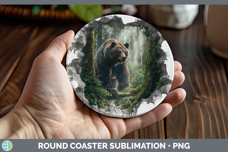Grizzly Bear Woodland 3D Hole Round Coaster Sublimation Desi