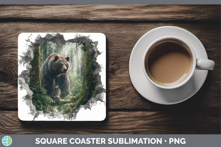 Grizzly Bear Woodland 3D Hole Square Coaster Sublimation Des