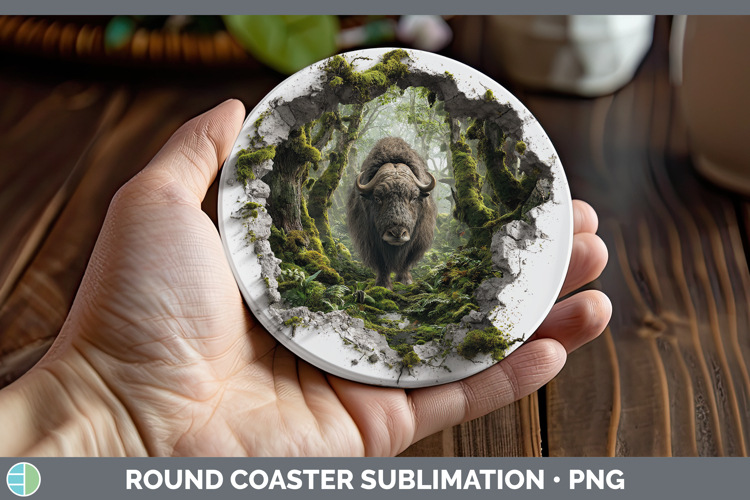 Musk Ox Woodland 3D Hole Round Coaster Sublimation Design