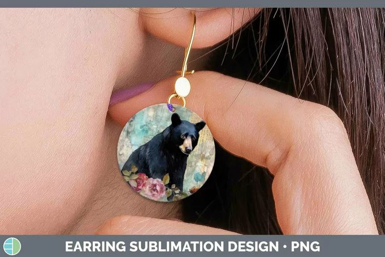 Woodland Animals Black Bear Round Earrings Sublimation Earri