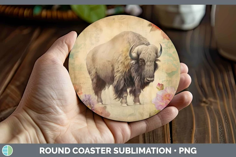 Woodland Animals Musk Ox Round Coaster Sublimation Coaster D