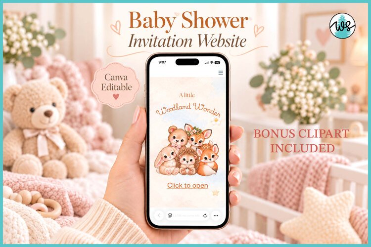 Woodland Baby Shower Invitation Website Canva Template RSVP example image 1