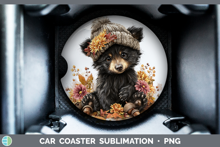 Woodland Boho Autumn Black Bear Car Coaster Sublimation Des