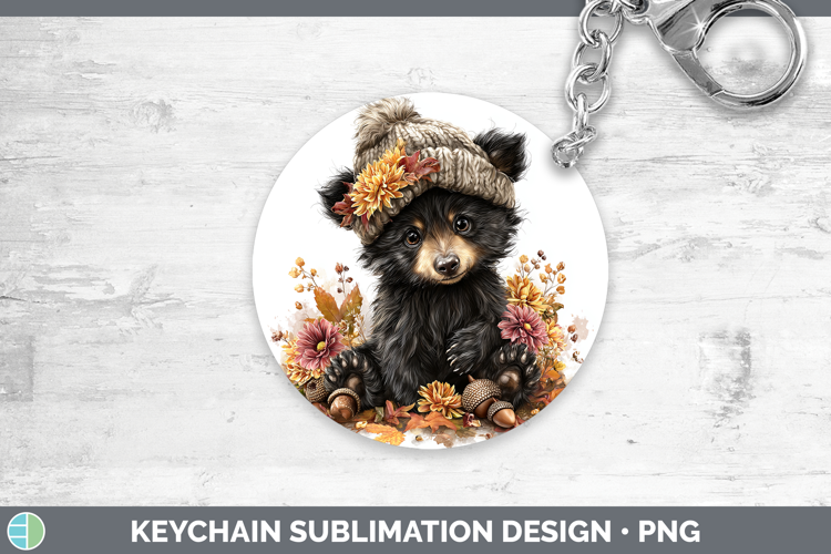 Woodland Boho Autumn Black Bear Keychain Sublimation Keyring