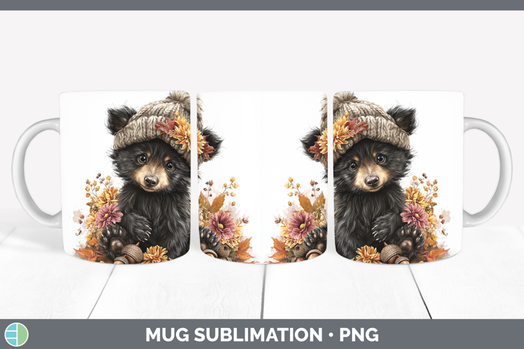 Woodland Boho Autumn Black Bear Mug Wrap Sublimation Coffee