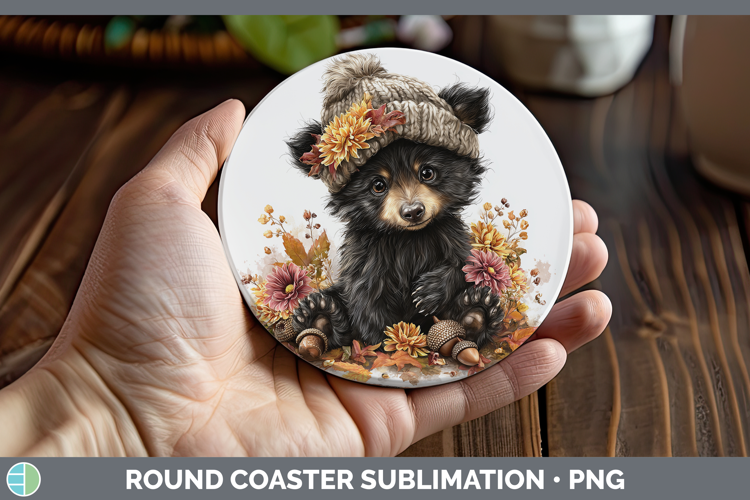 Woodland Boho Autumn Black Bear Round Coaster Sublimation Co
