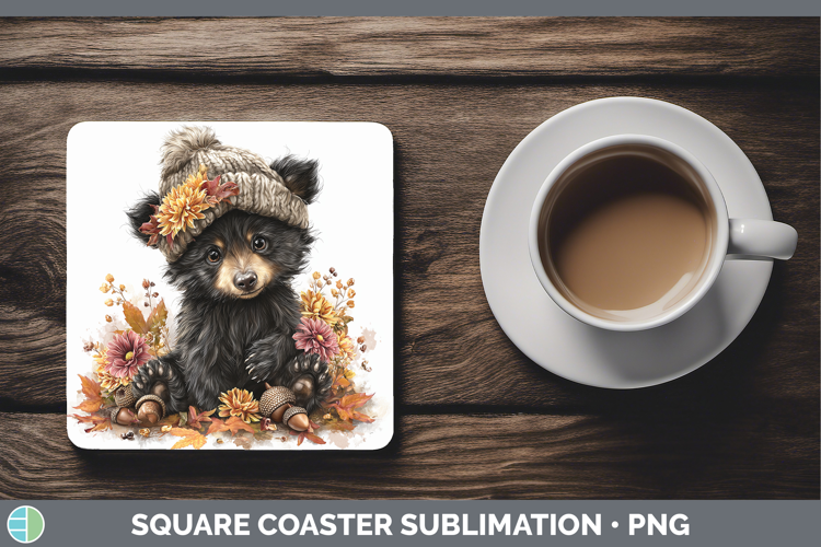 Woodland Boho Autumn Black Bear Square Coaster Sublimation C