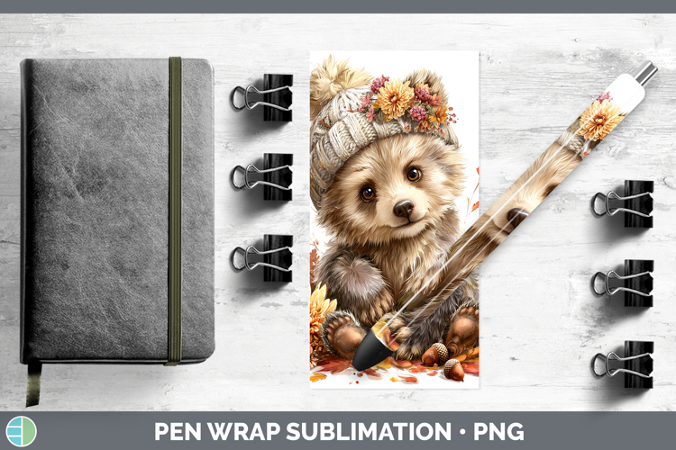 Woodland Boho Autumn Grizzly Bear Pen Wrap Sublimation Pen D