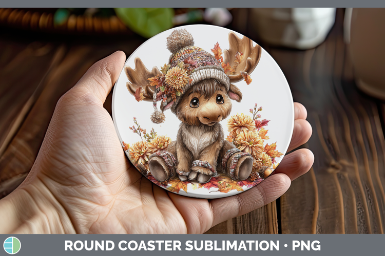 Woodland Boho Autumn Moose Round Coaster Sublimation Coaster