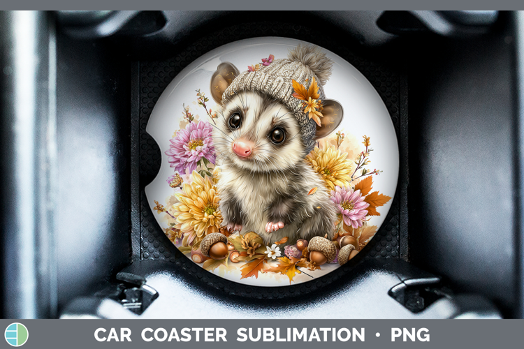 Woodland Boho Autumn Opossum Car Coaster Sublimation Design