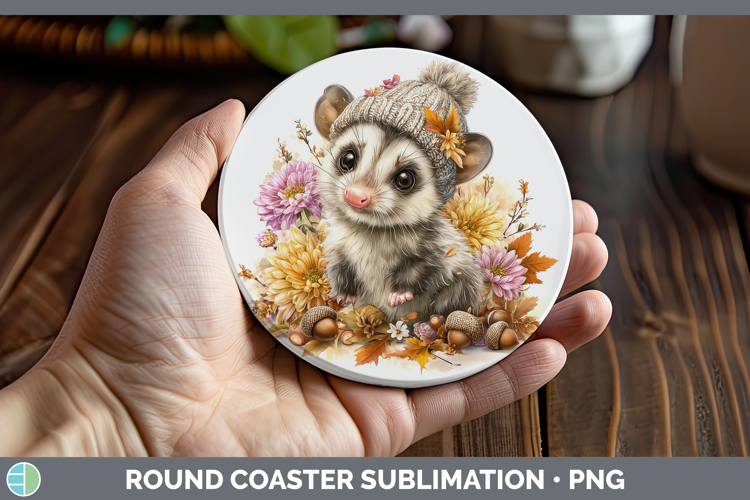 Woodland Boho Autumn Opossum Round Coaster Sublimation Coast