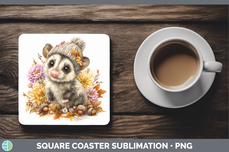 Woodland Boho Autumn Opossum Square Coaster Sublimation Coas