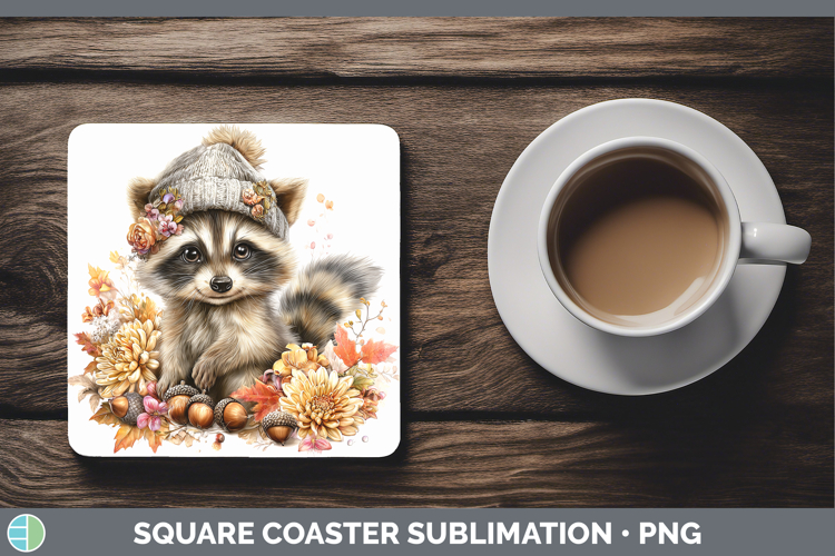 Woodland Boho Autumn Raccoon Square Coaster Sublimation Coas
