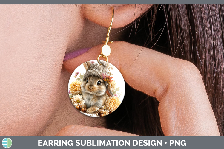 Woodland Boho Autumn Snowshoe Hare Round Earrings Sublimatio