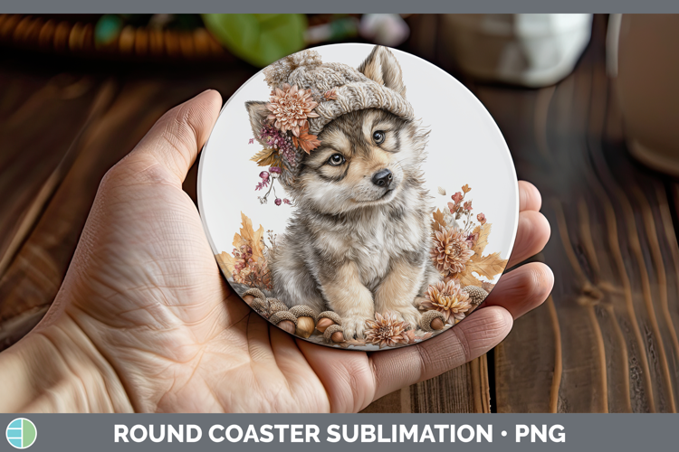 Woodland Boho Autumn Wolf Round Coaster Sublimation Coaster
