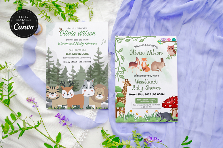 Editable Woodland Boy Baby Shower Invitation Canva Template