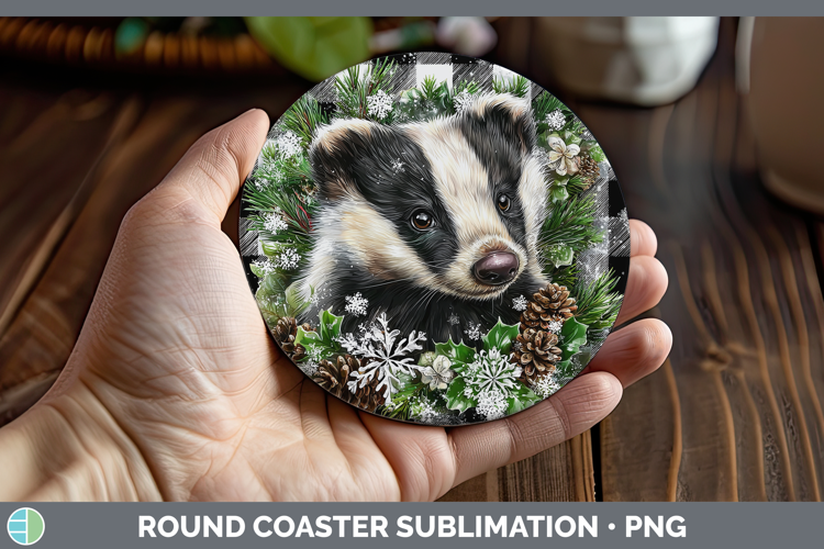 Badger Woodland Checker Christmas Round Coaster Sublimation