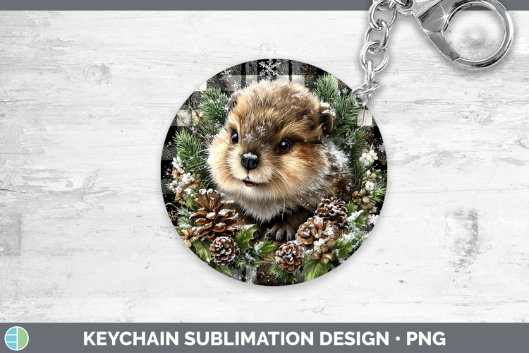 Beaver Woodland Checker Christmas Keychain Sublimation Desig