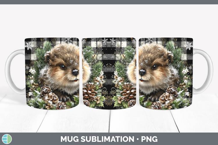 Beaver Woodland Checker Christmas Mug Wrap Sublimation Desig