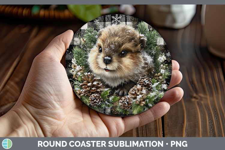 Beaver Woodland Checker Christmas Round Coaster Sublimation