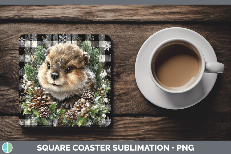 Beaver Woodland Checker Christmas Square Coaster Sublimation