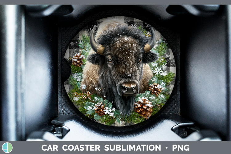 Bison Woodland Checker Christmas Car Coaster Sublimation Des