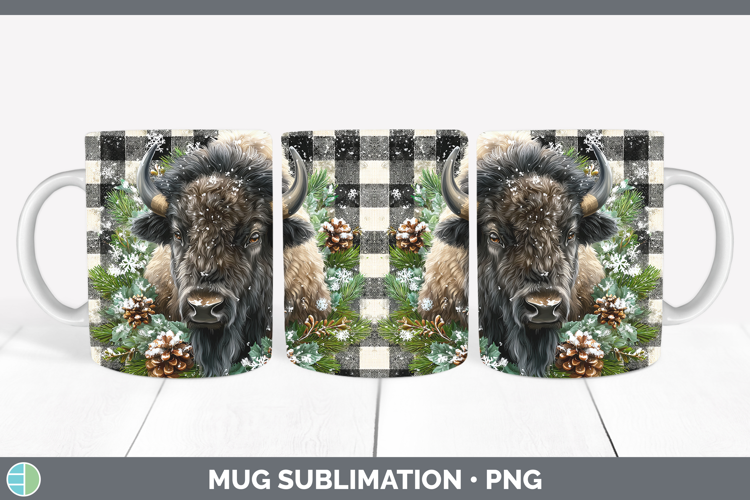 Bison Woodland Checker Christmas Mug Wrap Sublimation Design