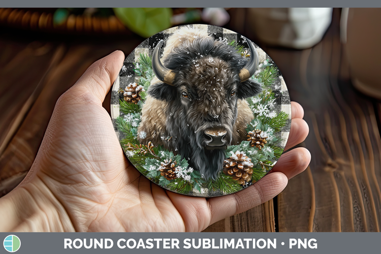 Bison Woodland Checker Christmas Round Coaster Sublimation D