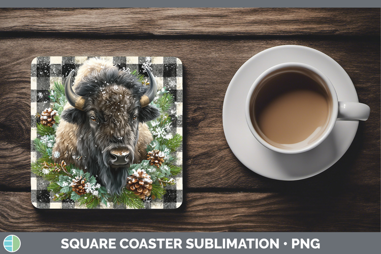 Bison Woodland Checker Christmas Square Coaster Sublimation