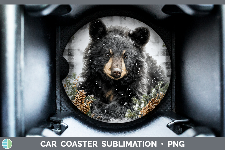 Black Bear Woodland Checker Christmas Car Coaster Sublimatio