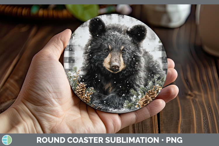 Black Bear Woodland Checker Christmas Round Coaster Sublimat