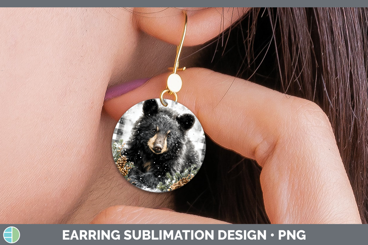 Black Bear Woodland Checker Christmas Round Earrings Sublima