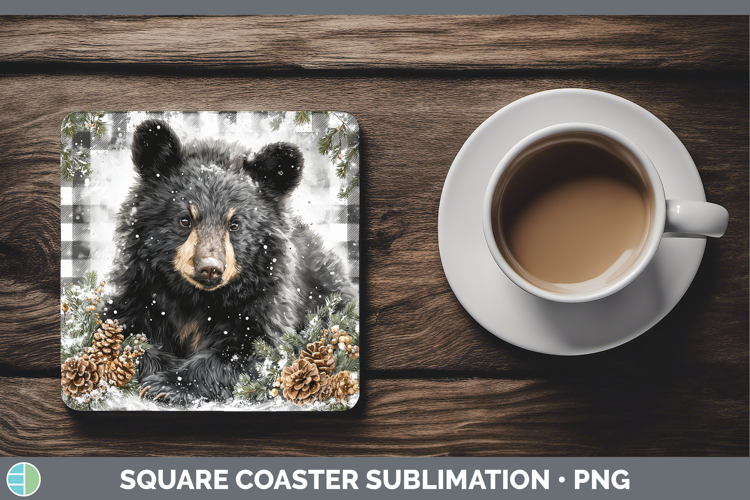 Black Bear Woodland Checker Christmas Square Coaster Sublima