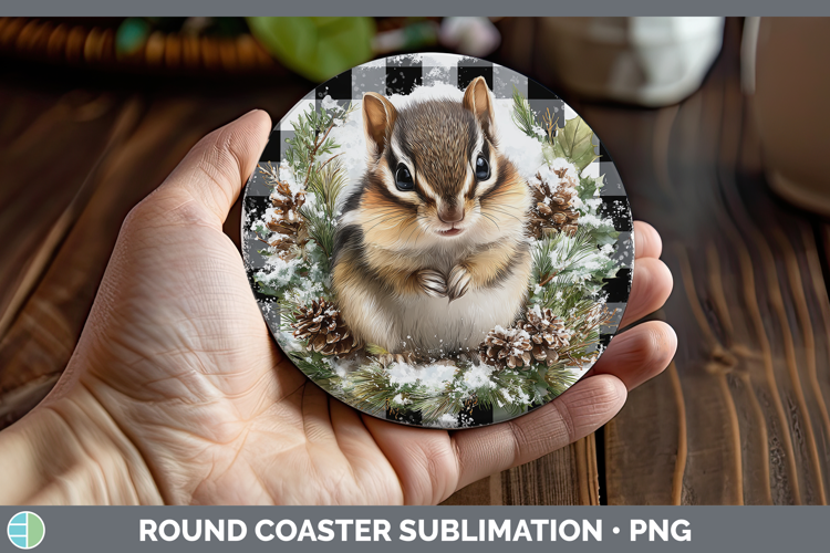 Chipmunk Woodland Checker Christmas Round Coaster Sublimatio