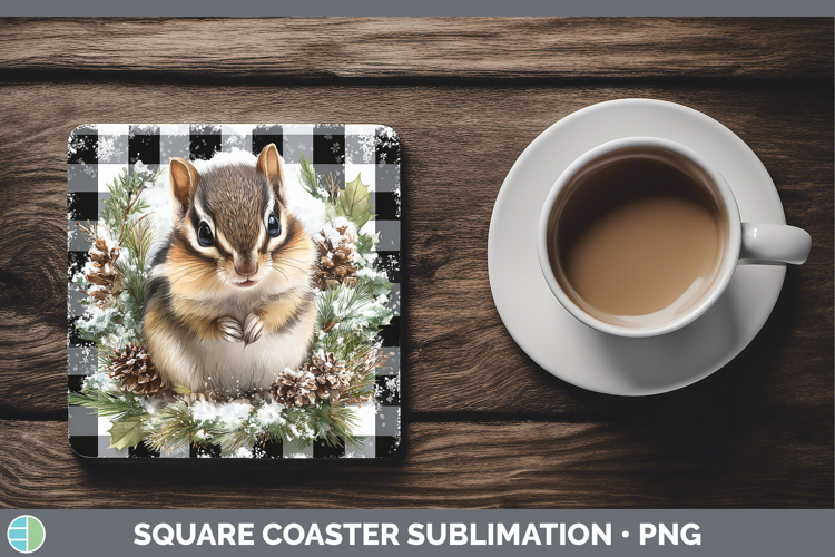 Chipmunk Woodland Checker Christmas Square Coaster Sublimati