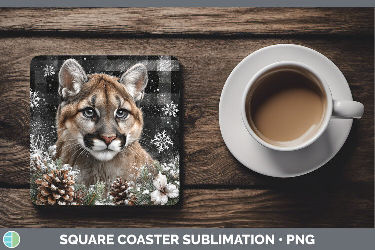 Cougar Woodland Checker Christmas Square Coaster Sublimation